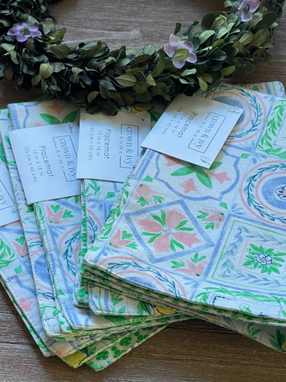 Crown & Ivy Placemats Set of 4 – Pastel Tile Floral Print – Spring Table Decor